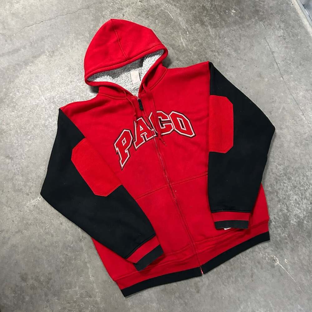 Paco Jeans Vintage 90s Sherpa Lined Full Zip Hoodie Red Black Men's XL